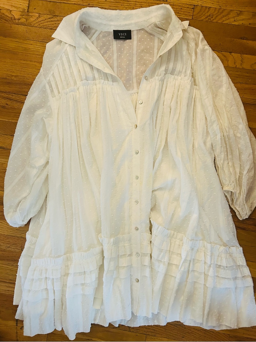 VICI White Swiss-Dot Button Front Peasant Babydoll Dress, size Small